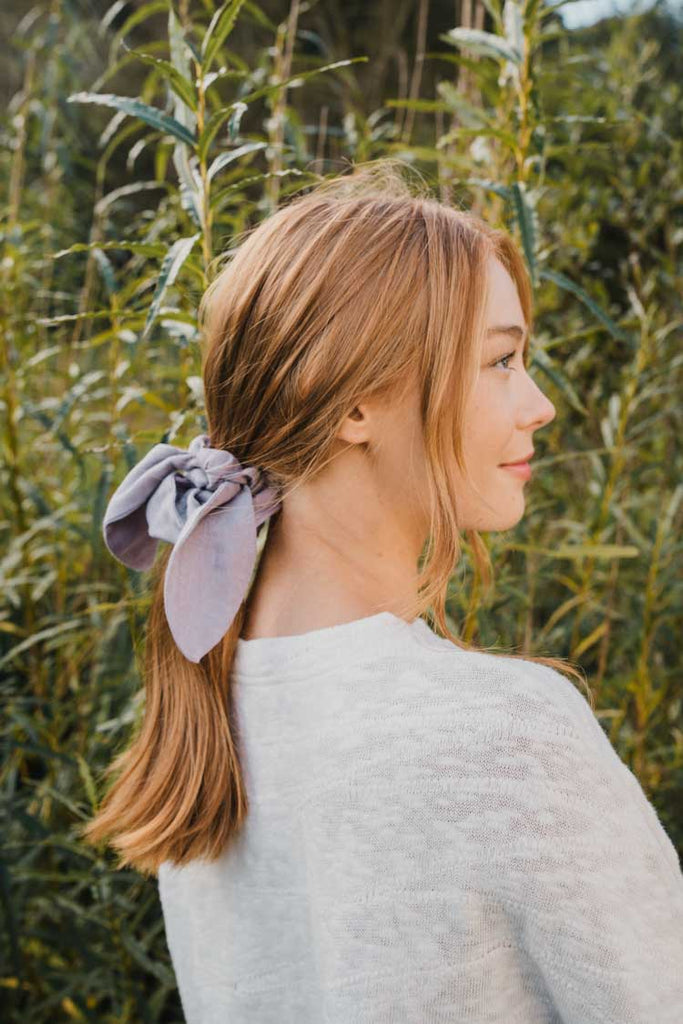 zero waste knot bow scrunchie - easy to style. Lilac.